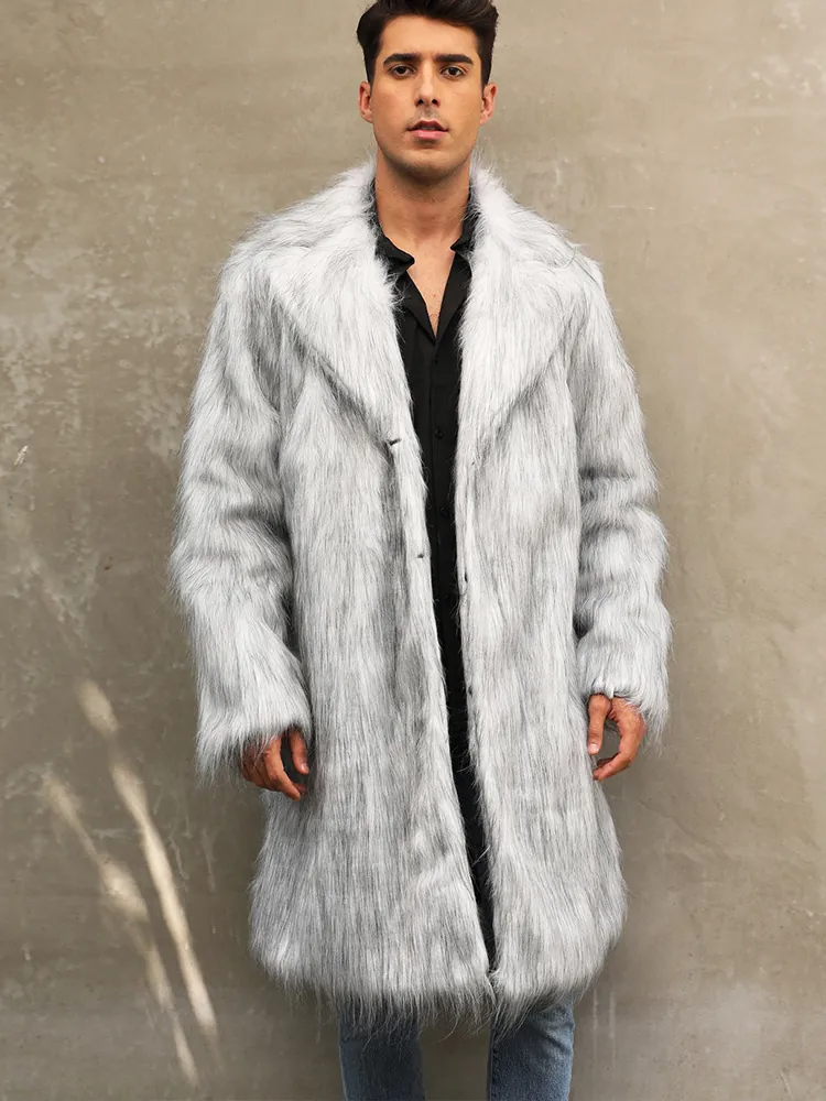Men's Luxury Faux Fox Fur Coat Stylish Lapel Long Sleeve Warm Winter Overcoat Gray Silver Plush Jacket For Banquet Urban Fashion