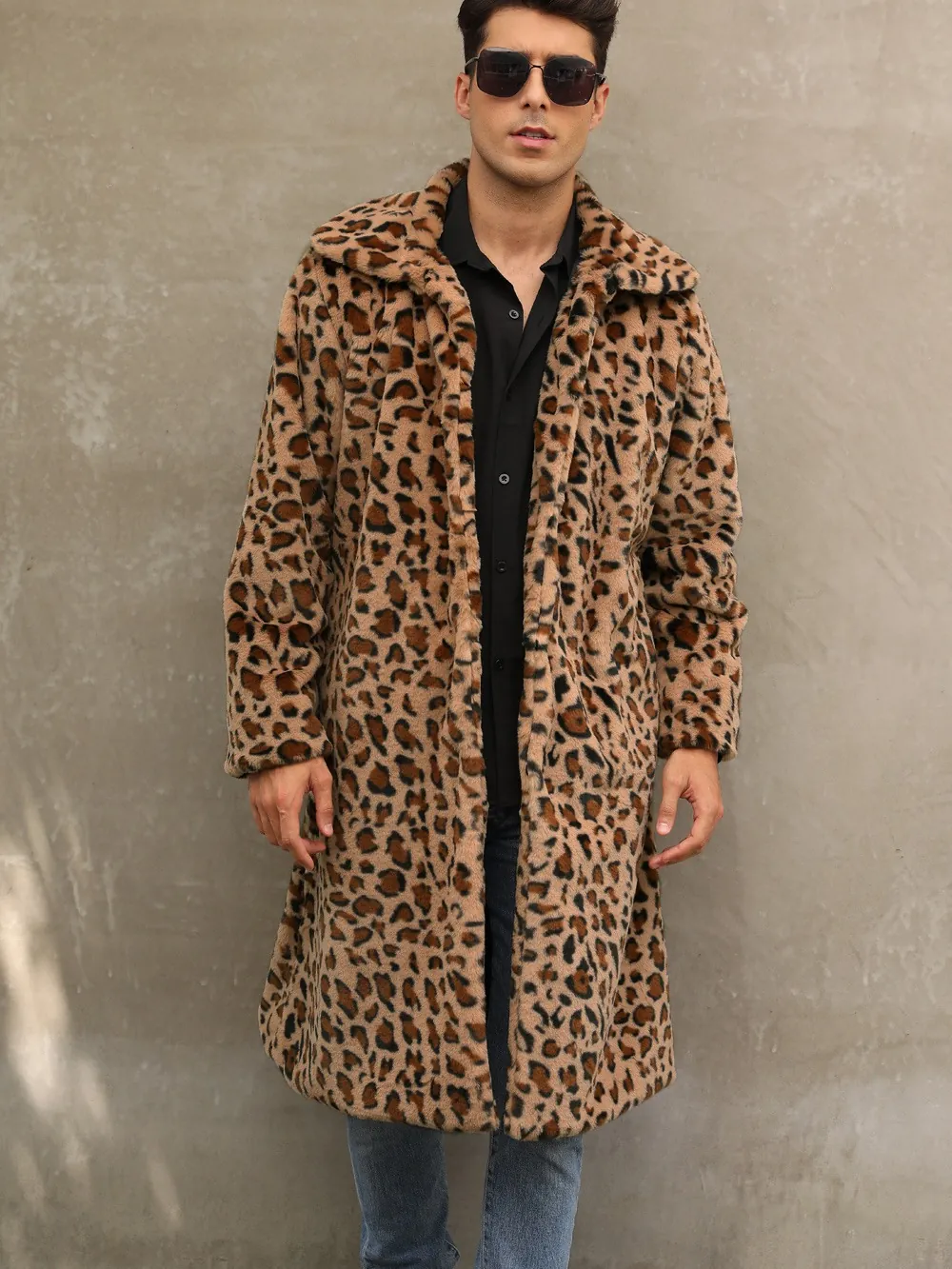 Cappotto da Uomo in Pelliccia Sintetica Leopardata Caldo Ispessito Manica Lunga Revers Peluche Soprabito Moda Invernale Cappotto Lungo