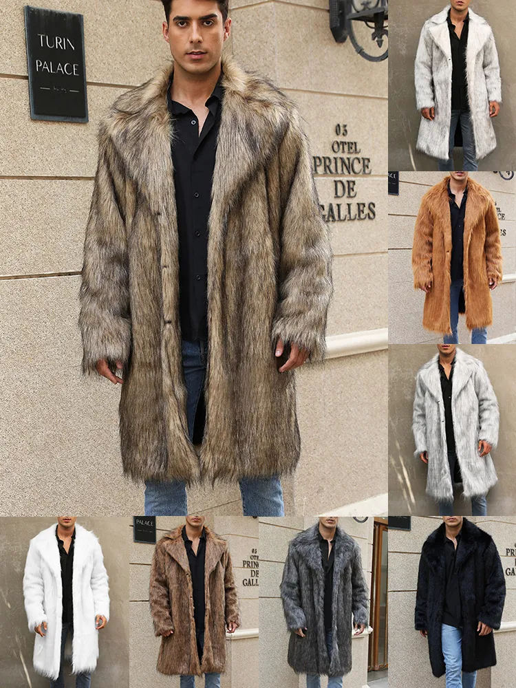 Men Mid Length Faux Fur Coat Thick Warm Winter Overcoat Suit Collar Faux Fox Fur Jacket Luxury Streetwear Fashion Outerwear