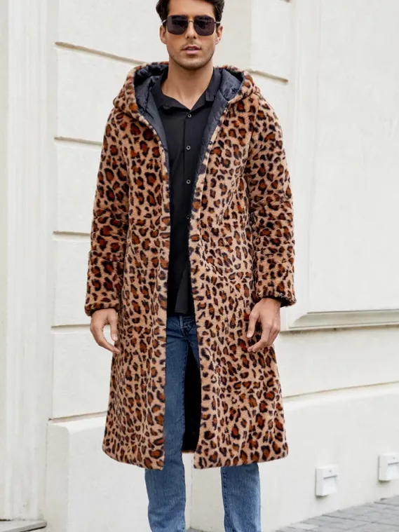 Men Leopard Print Faux Fur Coat Hooded Long Jacket With Quilted Lining British Style Winter Warm Overcoat For Men