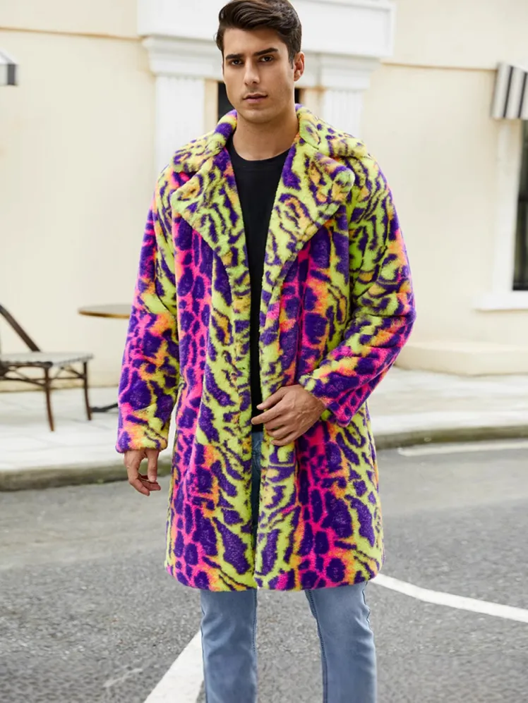 Men's Winter Faux Fur Coat Warm Multicolor Leopard Print Notched Lapel Single Breasted Long Thick Streetwear Party Jacket