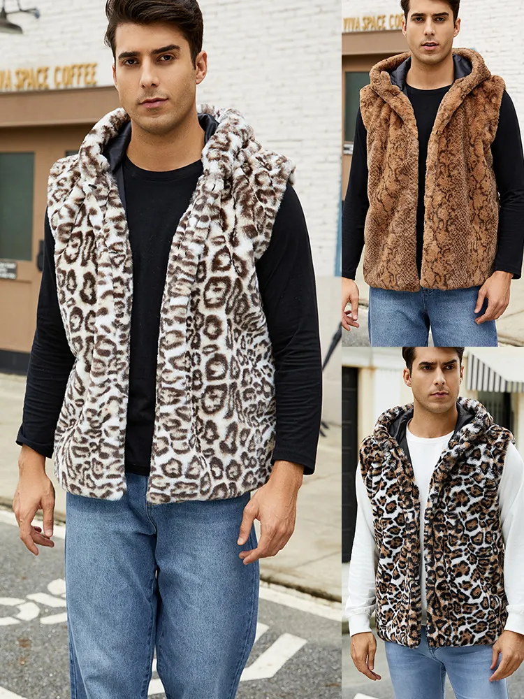 Men's Luxury Faux Fur Hooded Vest Winter Warm Leopard Snake Animal Print Sleeveless Jacket Casual Streetwear Waistcoat