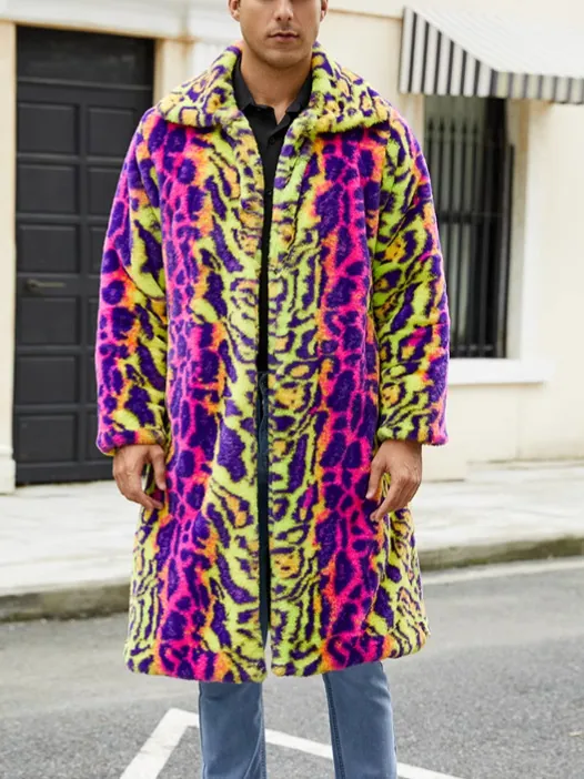 Manteau Léopard en Fausse Fourrure pour Hommes Néon Coloré Hiver Revers Manches Longues Manteau Mode Chaud Peluche Streetwear