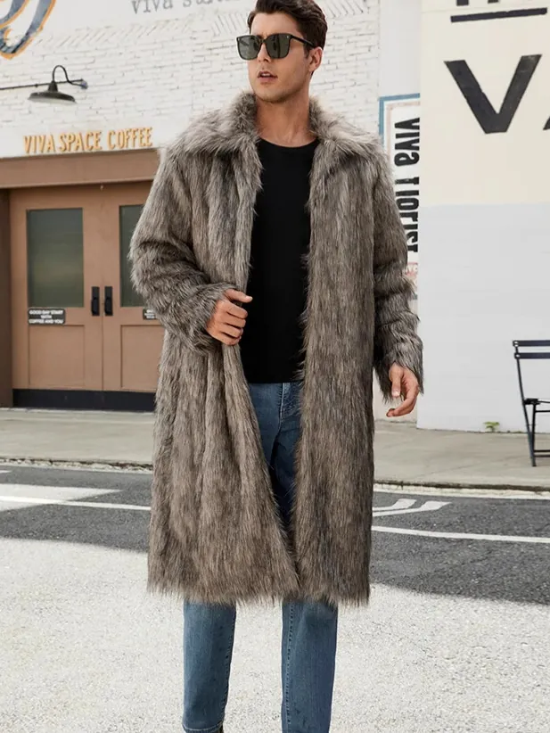 Men Faux Fur Overcoat Long Winter Jacket Lapel Collar Thicken Warm Coat Streetwear Fashion Solid Gray Brown Plush Outerwear