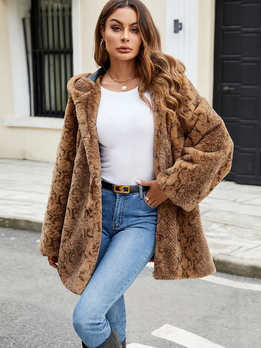 Manteau en Fausse Fourrure pour Femme Longueur Moyenne Veste à Capuche Imprimé Léopard Serpent Chaud Hiver Extérieur Mode Urbaine Décontractée