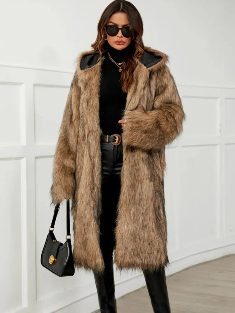 Manteau Long en Fausse Fourrure pour Femmes Hiver à Capuche Épais Chaud Pardessus en Fourrure Élégant Veste de Fourrure