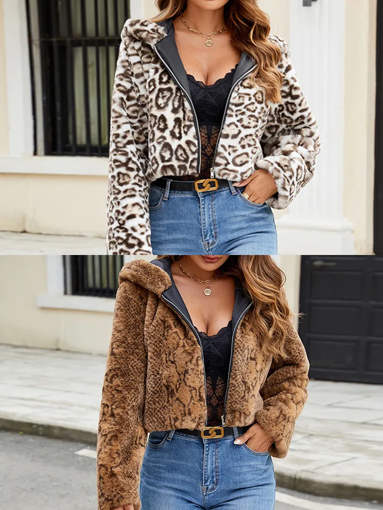 Veste à Capuche en Fausse Fourrure Imprimé Léopard Serpent pour Femme Manteau Court Moelleux Automne Hiver Chaud Vêtement d'Extérieur Zippé