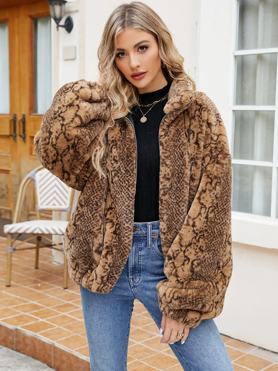 Damen Mode Kunstpelzmantel Vintage Schlangenmuster Stehkragen Reißverschluss Locker Lässig Warm Herbst Winter Jacke