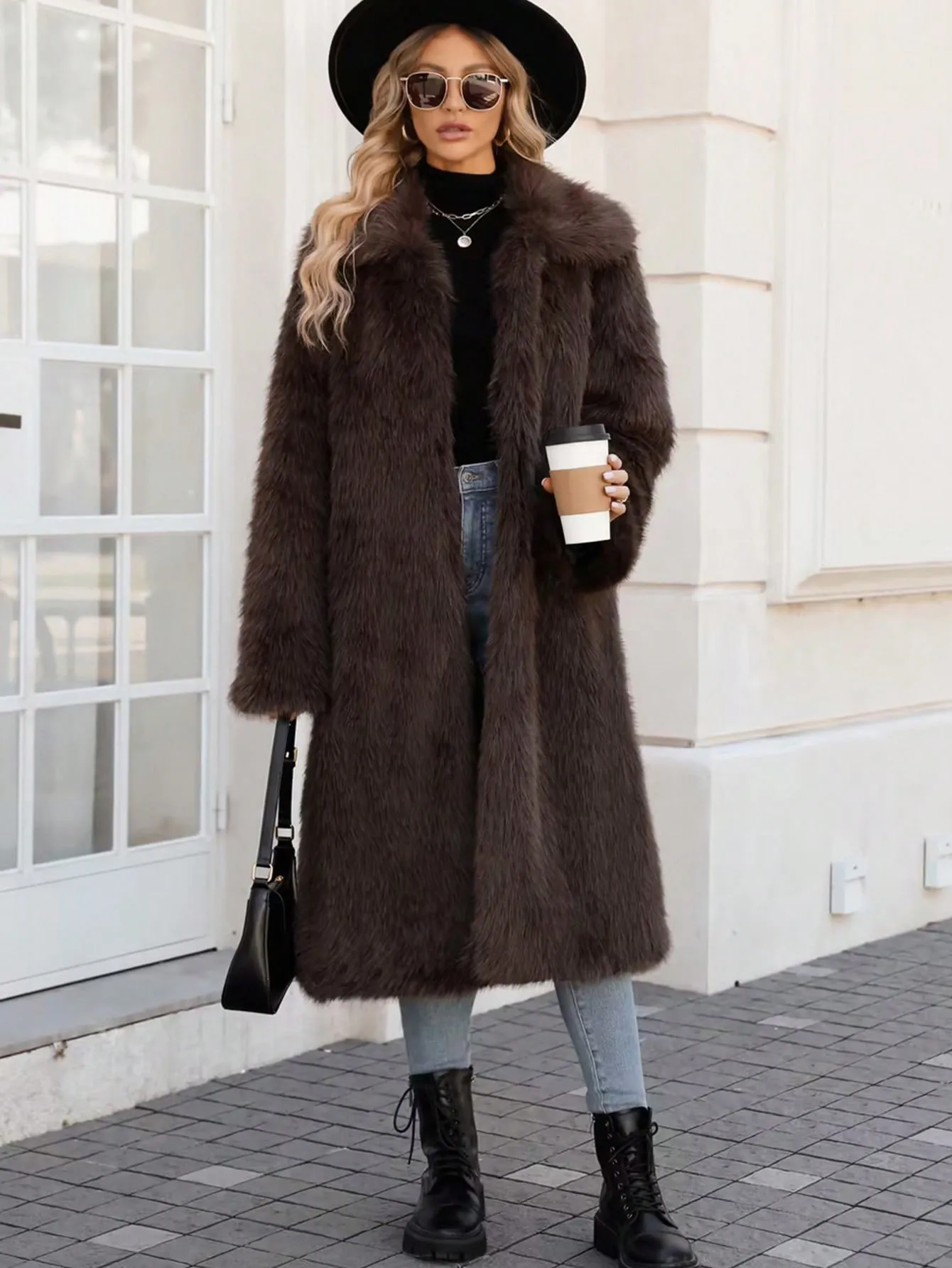 Women's Long Faux Fur Coat Winter Warm Thick Faux Fox Fur Overcoat Elegant Lapel Solid Color Commuter Jacket For Lady