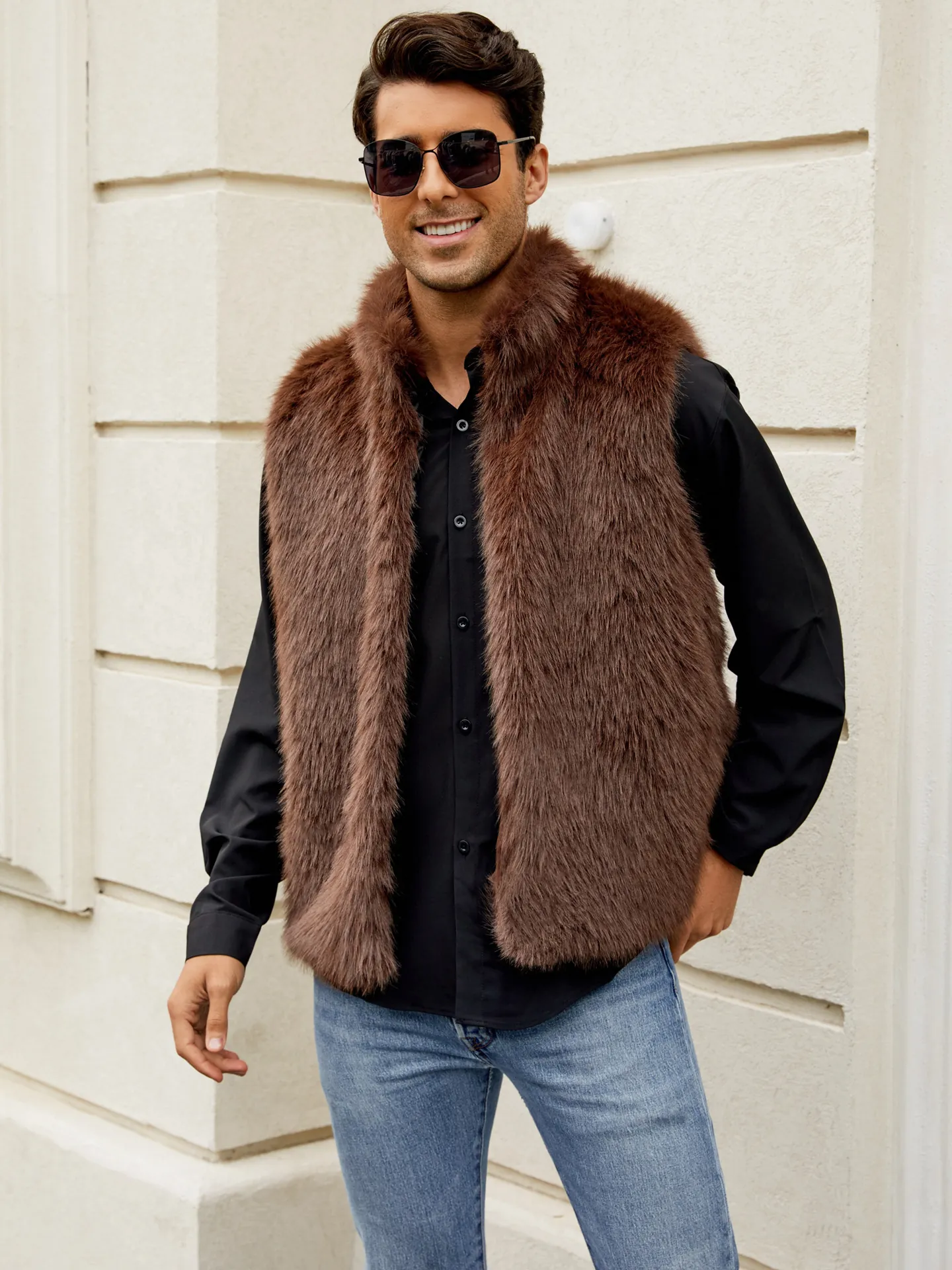 Gilet en Fausse Fourrure pour Hommes Hiver Chaud Sans Manches Peluche Gilet Luxueuse Veste en Fausse Fourrure Streetwear