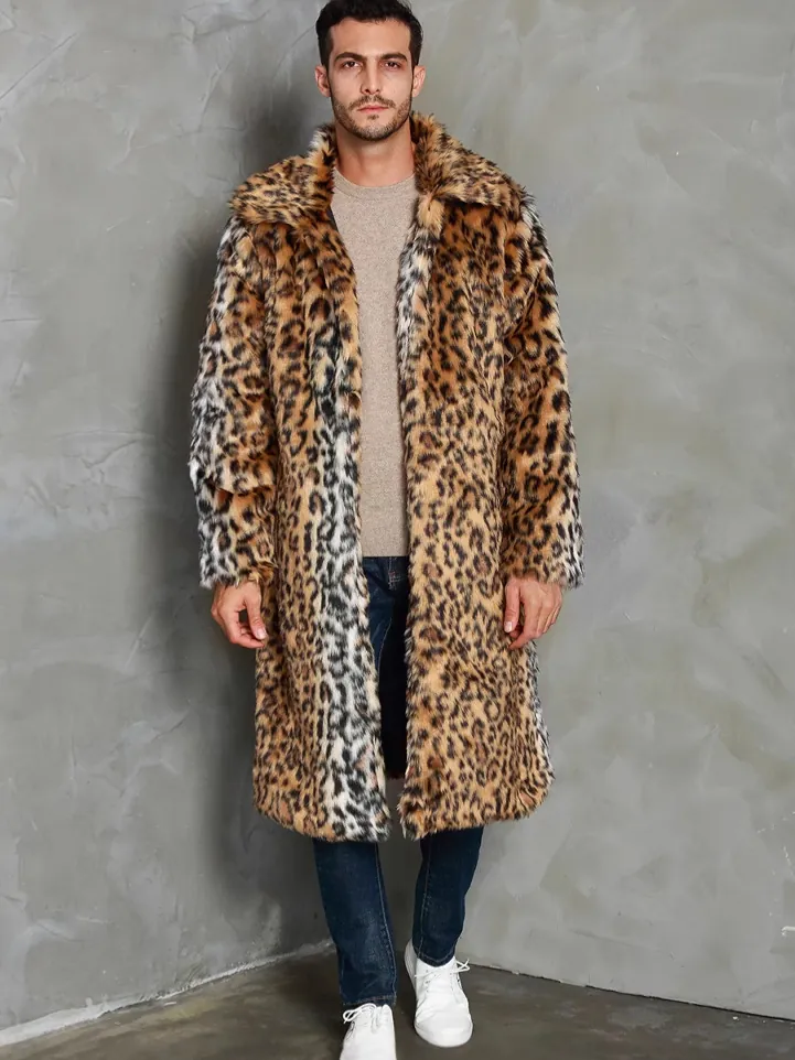 Men Long Leopard Print Faux Fur Coat Thick Warm Winter Lapel Overcoat Luxury Animal Pattern Outerwear For Men