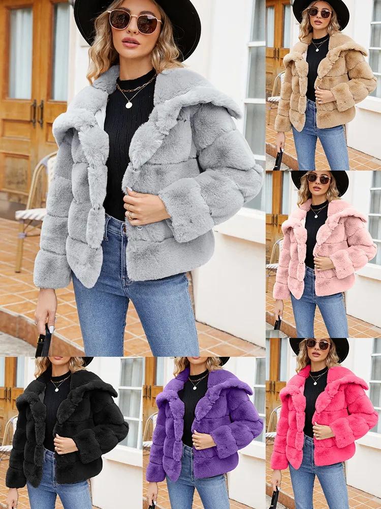 Women Short Faux Fur Jacket Wide Lapel Horizontal Striped Soft Plush Coat Elegant Autumn Winter Commuter Outerwear For Women