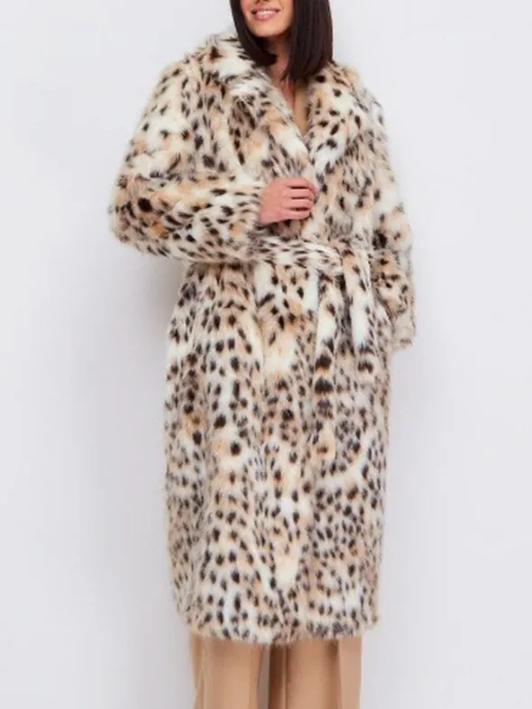 Women's Leopard Print Faux Fur Long Coat With Belt Suit Collar Luxurious Warm Winter Overcoat Fashion Outerwear