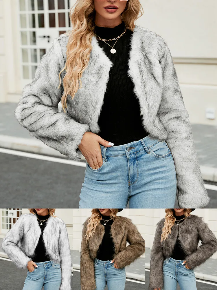Women Faux Fur Cropped Jacket Shaggy Warm Coat Long Sleeve Solid Outerwear Autumn Winter Fashion Casual Commuter Top