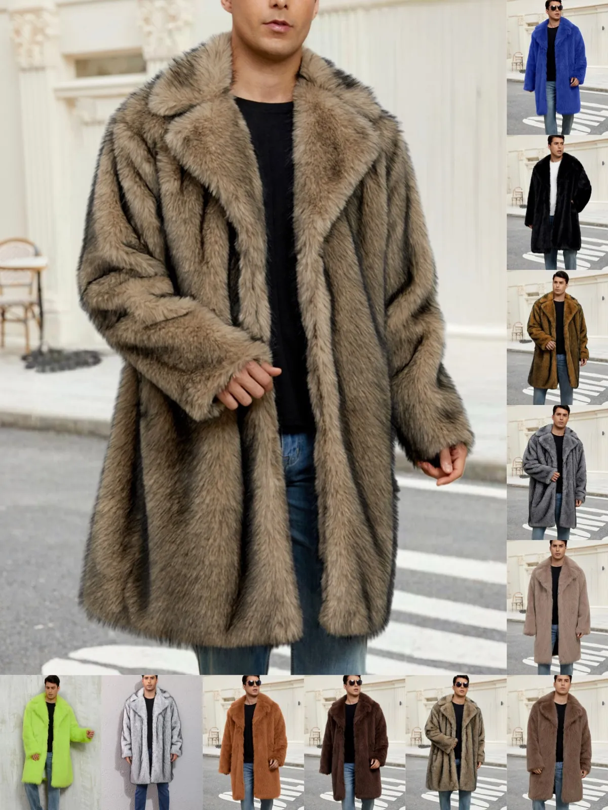 Men Long Faux Fur Coat Winter Warm Overcoat Faux Fox Fur Large Lapel Loose Fit Thick Plush Fashion Streetwear Outerwear Jacket