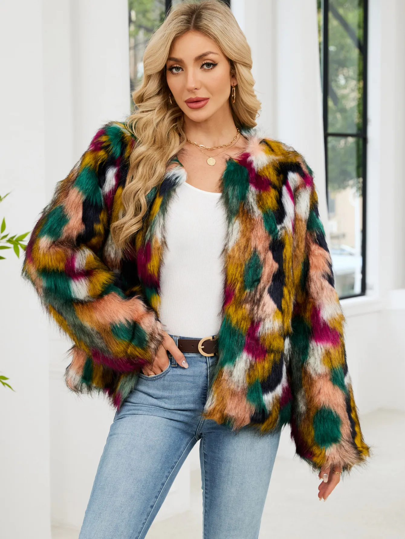 Manteau en Fausse Fourrure Patchwork pour Femmes Multicolore Géométrique Chaud Hiver Veste en Fausse Fourrure Décontractée