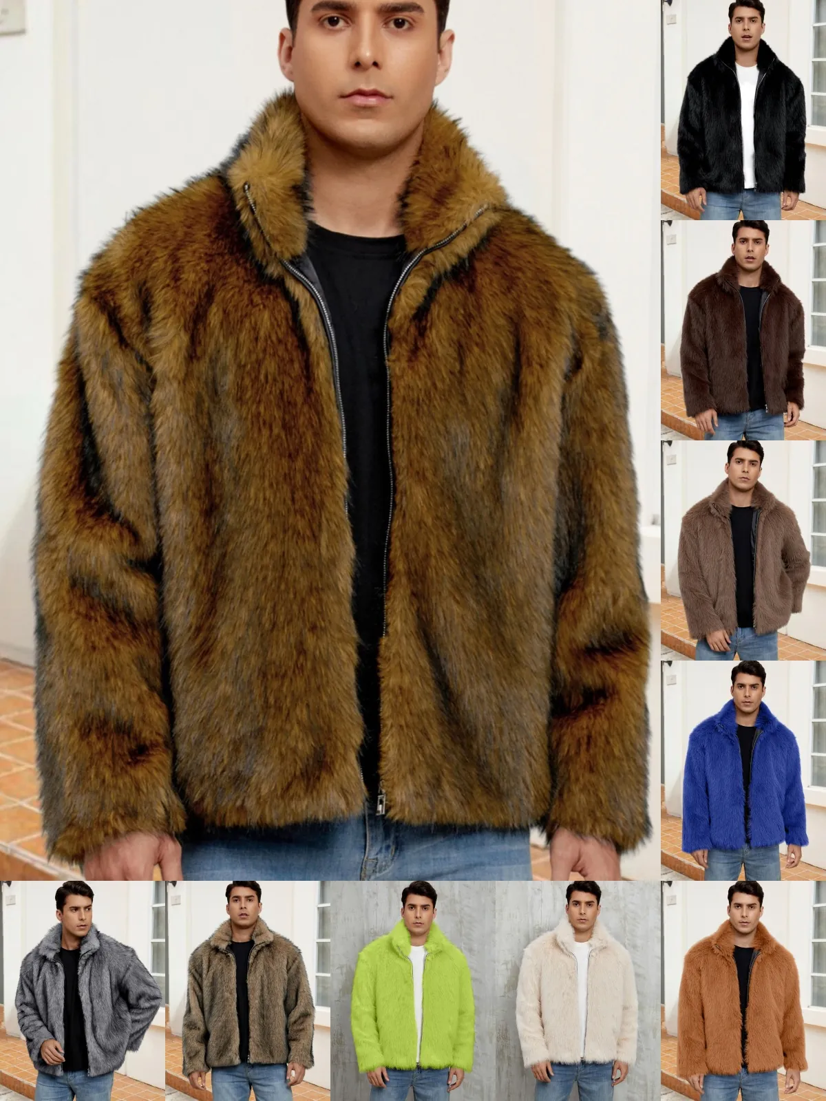 Giacca da Uomo in Pelliccia Sintetica Calda Collo Alto Cappotto Invernale Corto Streetwear Lussuosa Pelliccia Sintetica con Cerniera