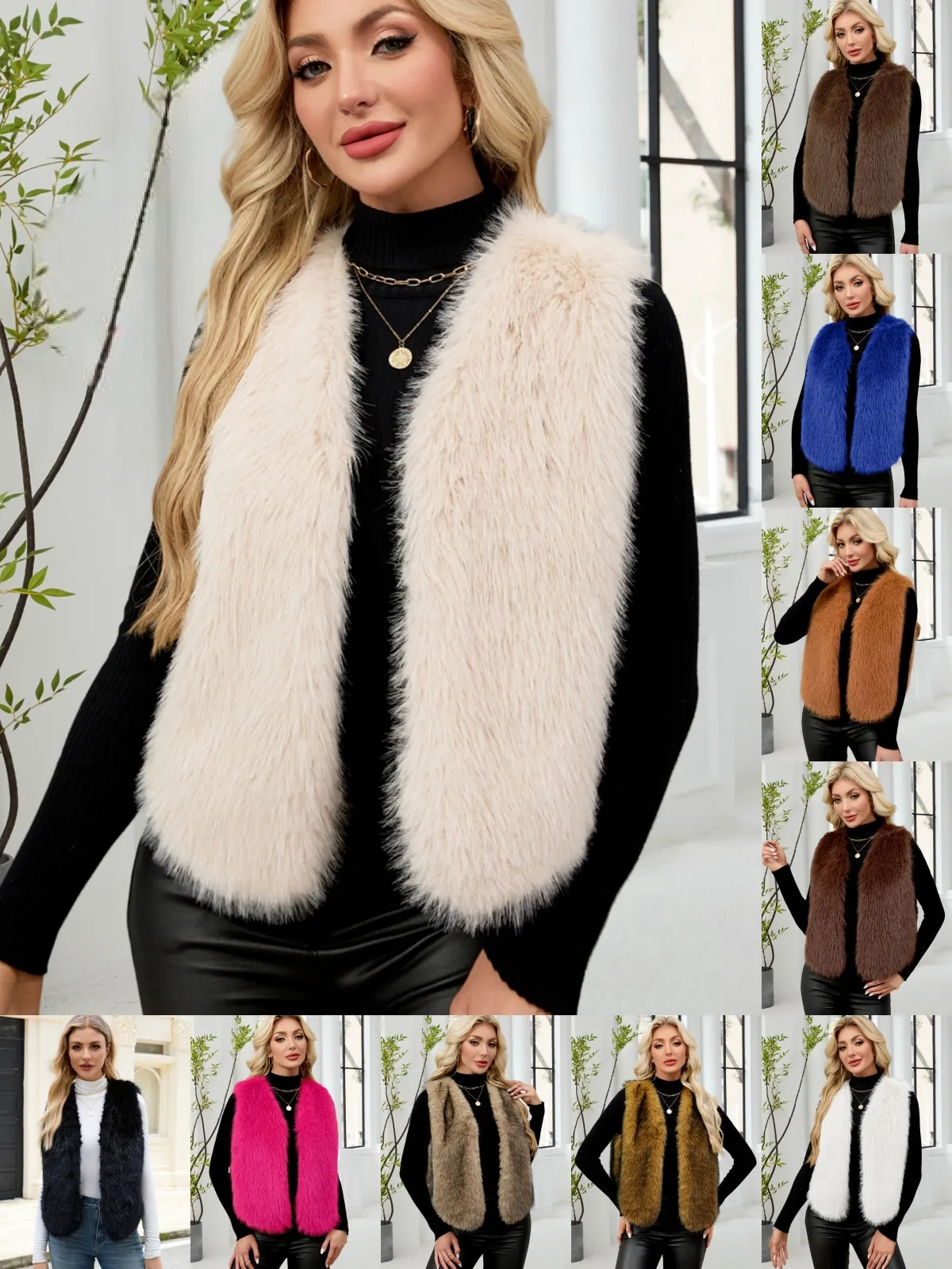 Gilet en Fausse Fourrure Élégant pour Femmes Col en V Sans Manches Court Gilet en Fourrure Artificielle pour Automne Hiver Fête Commuter