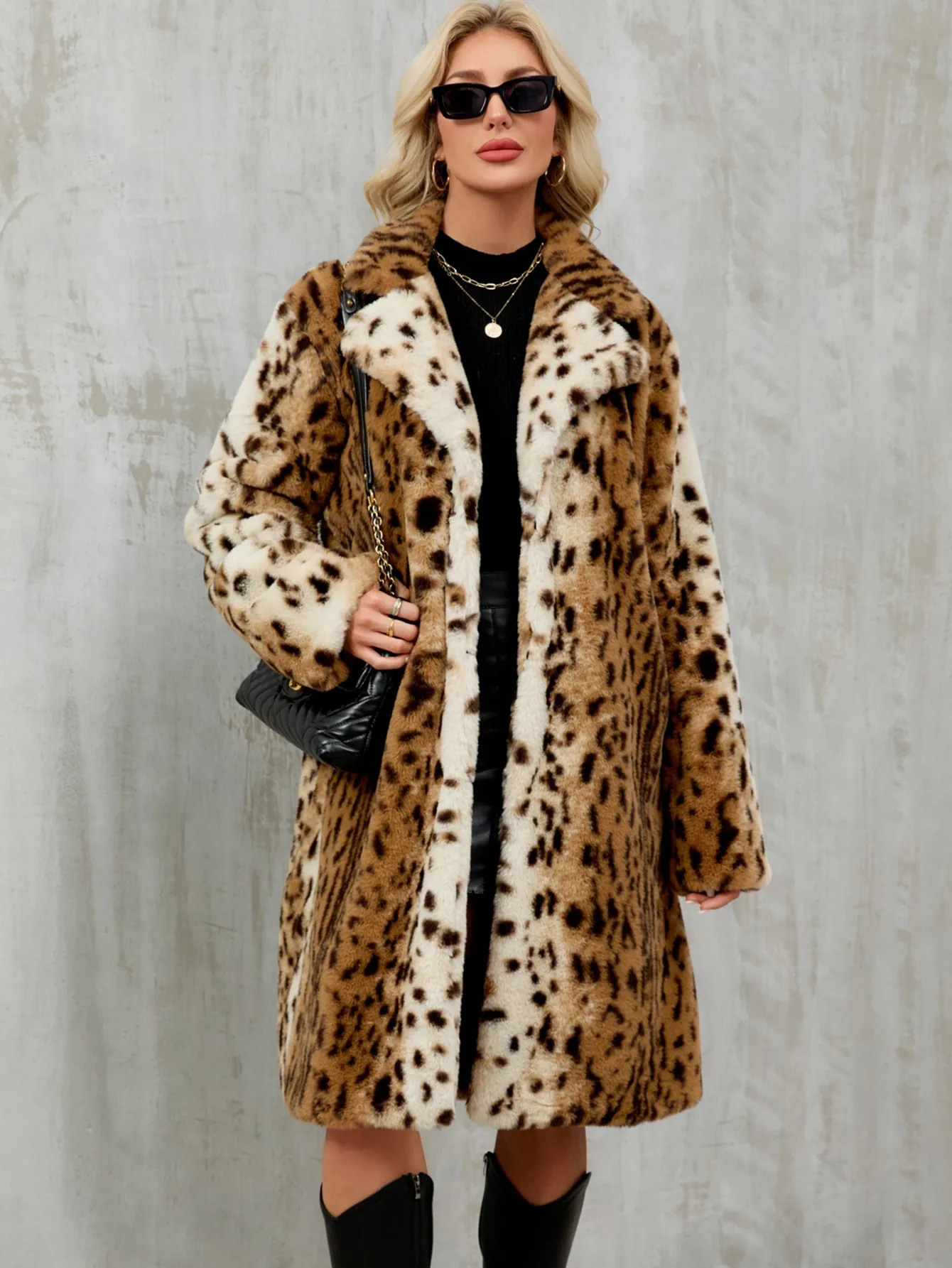Damen Mode Leopard Print Kunstpelz Mantel Lang Locker Kunstfell Jacke Mit Reverskragen Herbst Winter Warme Oberbekleidung