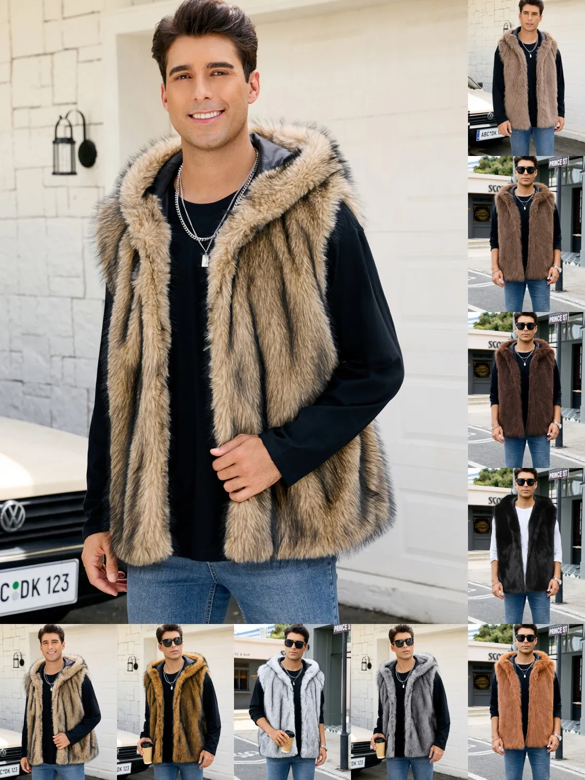 Men's Hooded Faux Fur Vest Urban Fashion Thick Warm Sleeveless Jacket Artificial Fox Fur Waistcoat Streetwear Outerwear For Men