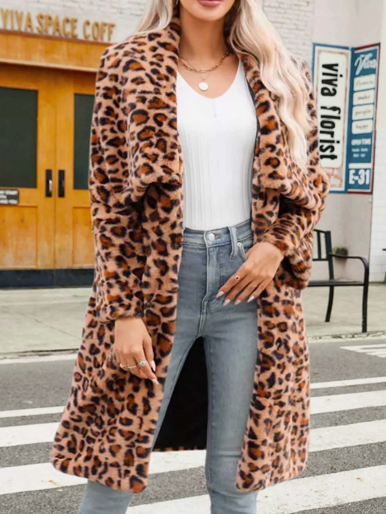 Women Leopard Print Faux Fur Coat Long Sleeve Turn Down Collar Thick Warm Winter Outwear Casual Fashion Plush Overcoat