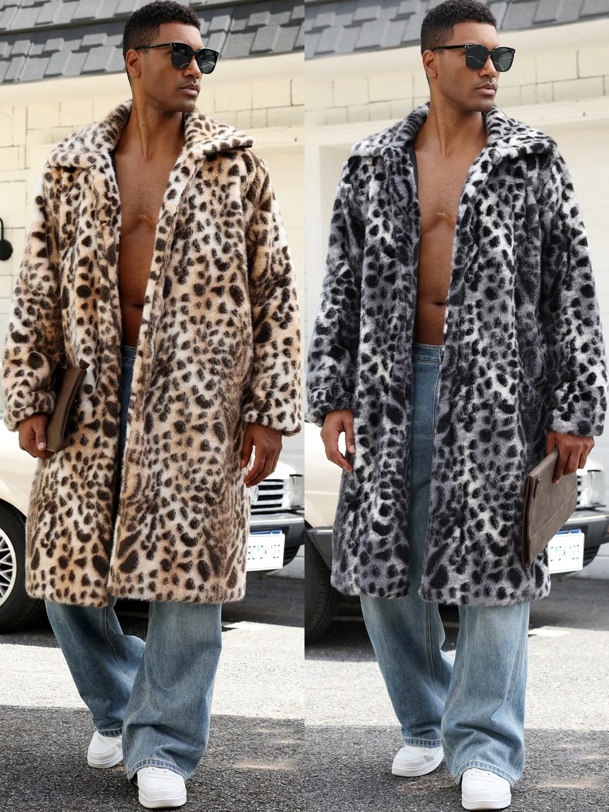 Manteau Homme en Fausse Fourrure Imprimé Léopard Automne Hiver Chaud Revers Veste Longue Urban Streetwear Luxe Pardessus Sans Boutons