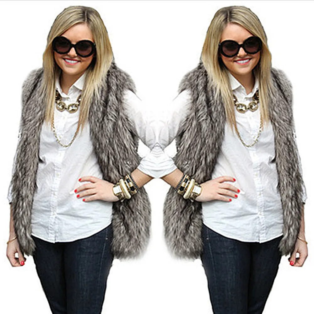 Women Faux Fur Vest Mid-Length Sleeveless Jacket Warm Artificial Fur Waistcoat For Casual Fashion Daily Wear Outwear