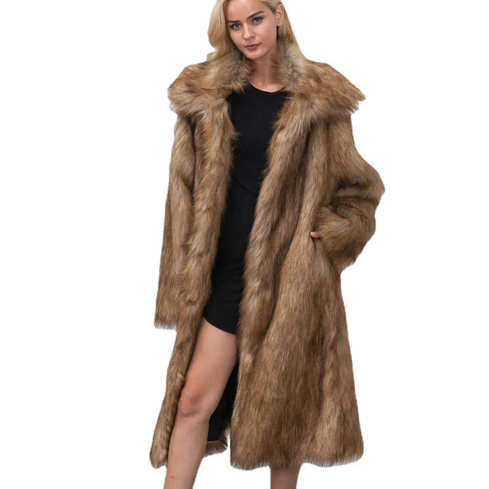 Women Elegant Long Faux Fur Coat Winter Warm Thick Plush Jacket Luxury Square Collar Slim Fit Overcoat For Party Banquet