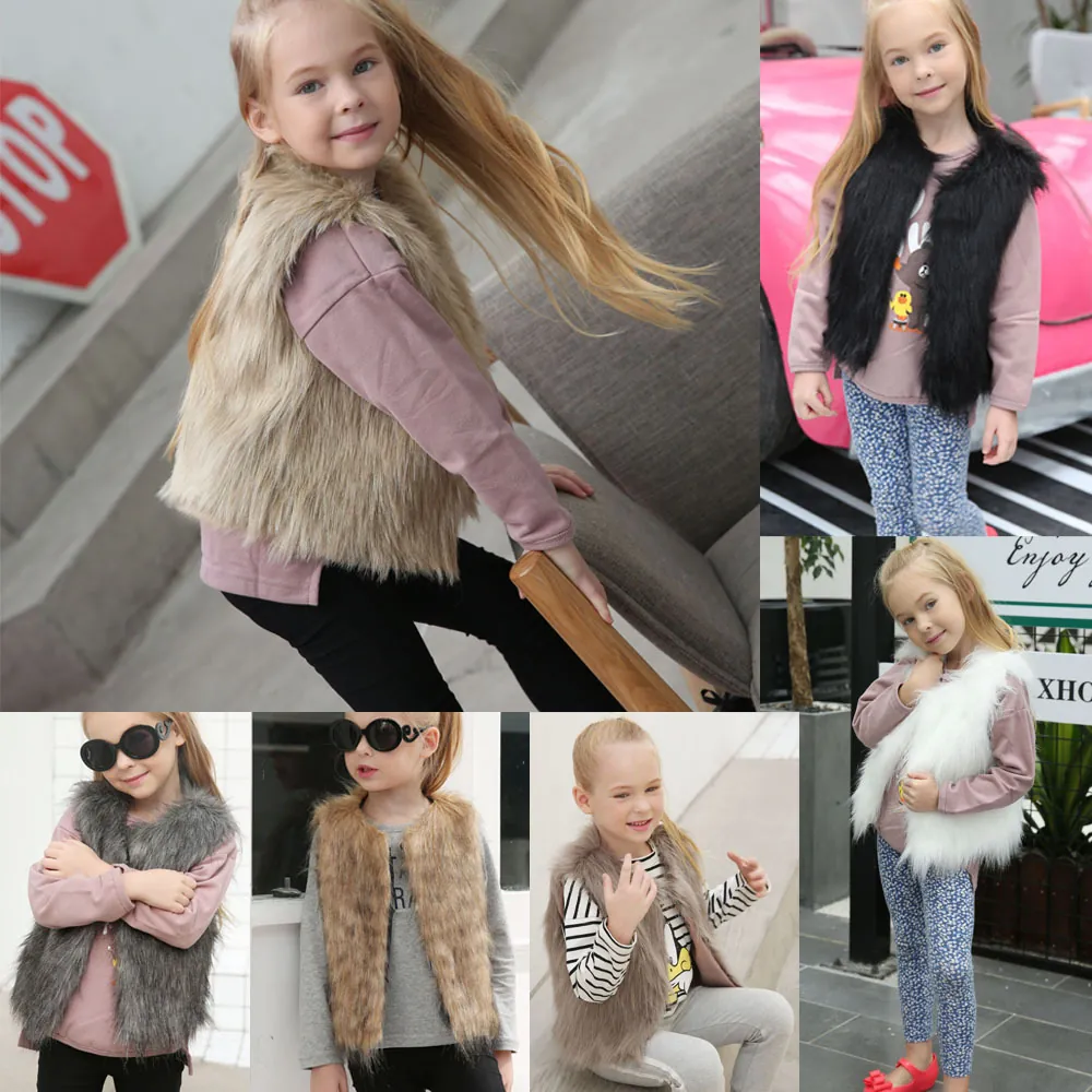 Gilet en Fausse Fourrure Tendance pour Filles Sans Manches Ouvert sur le Devant Chaud Automne Hiver Veste Mode pour Enfants Couleur Unie