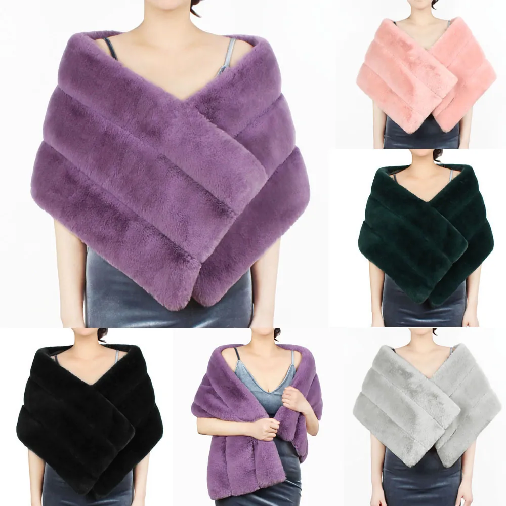 Élégant Châle en Fausse Fourrure Femme Cape Chaude d'Hiver pour Mariage Mariée Soirée Écharpe de Luxe en Fausse Fourrure Unie