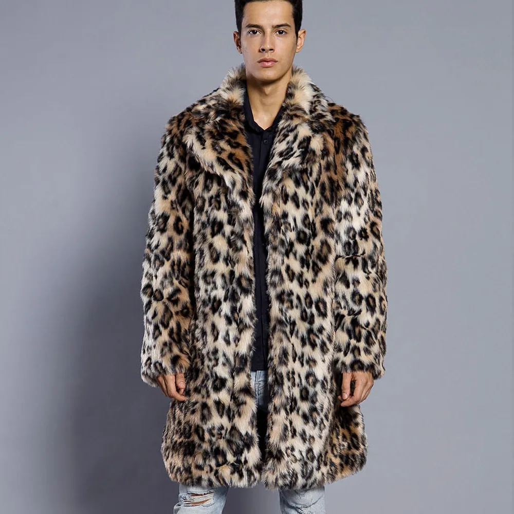 Manteau en Fausse Fourrure Imprimé Léopard pour Homme Mi-Long Col Tailleur Chaud Hiver Streetwear
