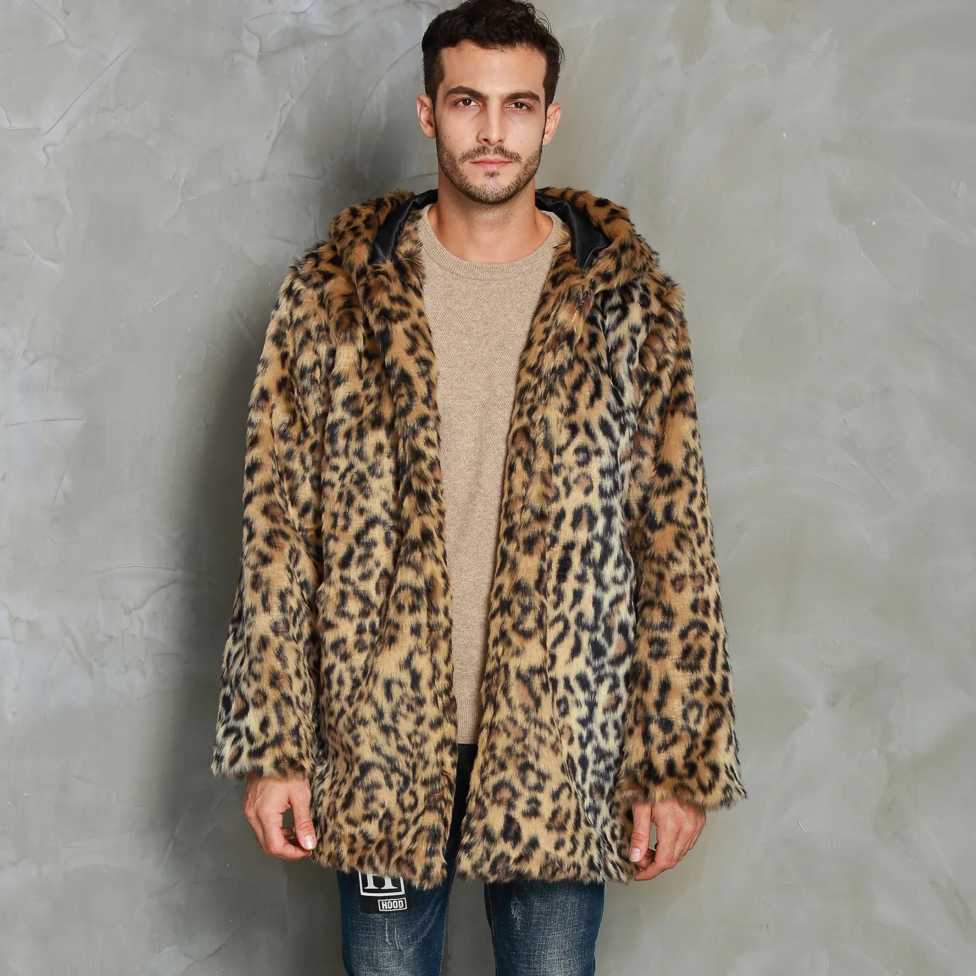 Men Leopard Print Faux Fur Hooded Coat Winter Warm Plush Mid-Length Jacket Thick Streetwear Outerwear Luxury Overcoat For Men