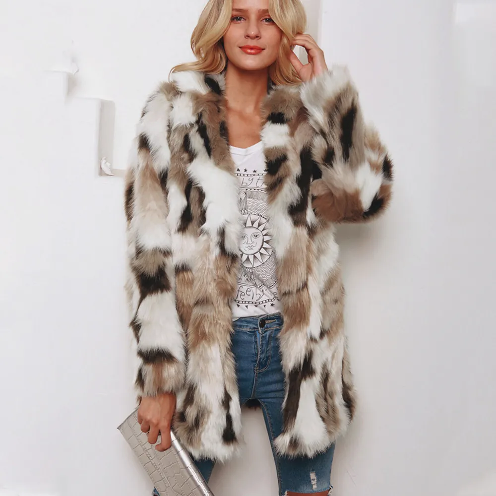 Women Fashion Mid-Length Faux Fur Coat Mixed Color Lapel Long Sleeve Thick Warm Winter Streetwear Elegant Jacket