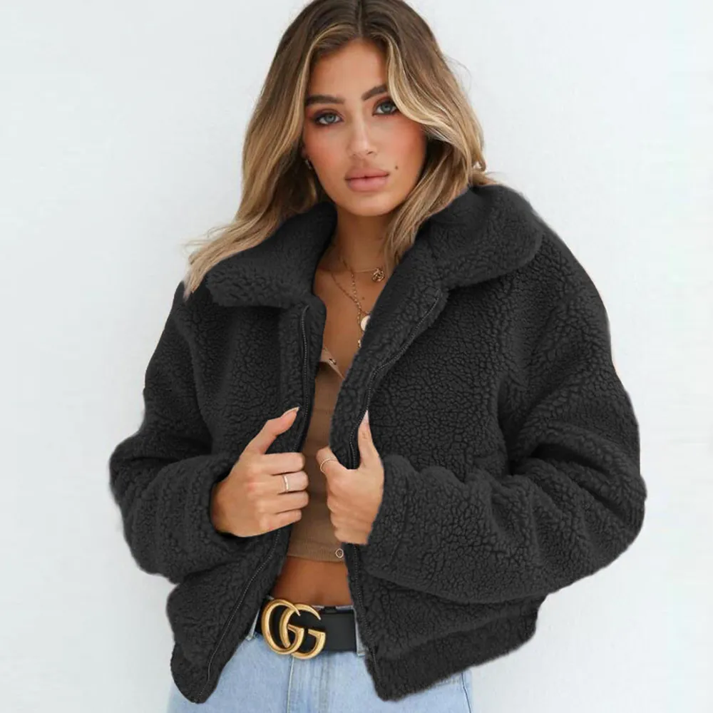 Women's Fashion Faux Lamb Wool Short Jacket Warm Faux Fur Coat Winter Outerwear Lapel Collar Zipper Teddy Fleece Jacket
