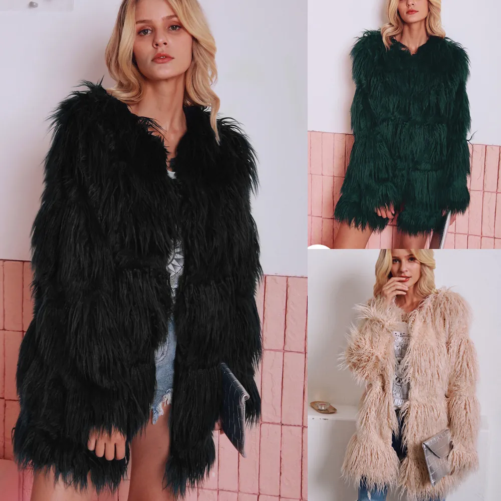 Manteau en Fausse Fourrure Mi-Long pour Femmes Mode Col Rond Veste Moelleuse Shaggy Couleur Unie Hiver Chaud Streetwear