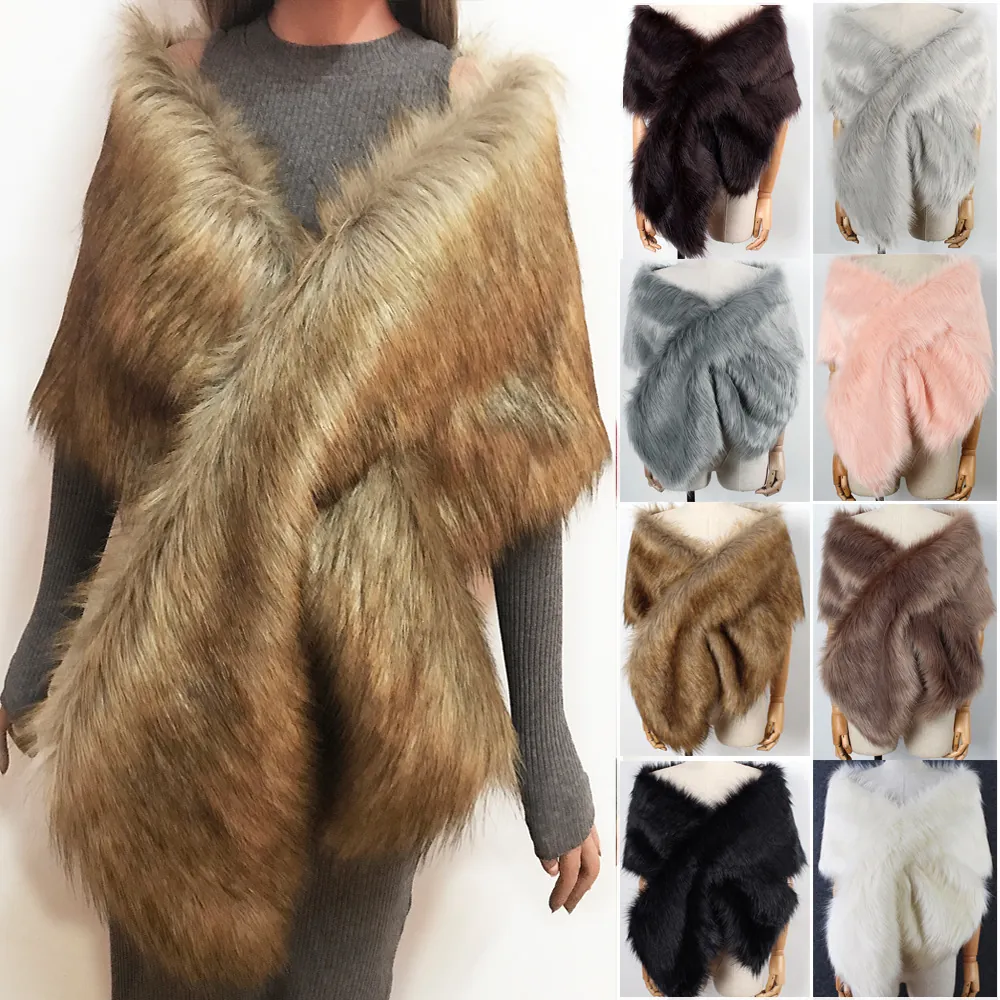 Elegant Faux Fur Shawl Wrap For Women Winter Warm Artificial Fur Scarf For Wedding Evening Party Gown Cross Shrug