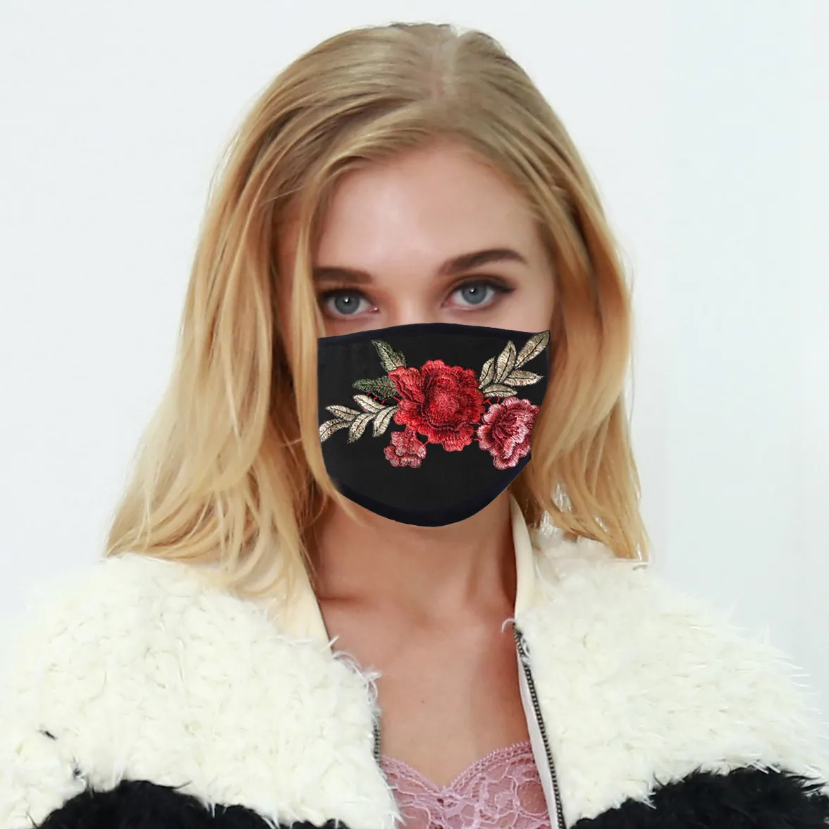 Wasbaar Ademend Geborduurd Rozenbloem Gezichtsmasker Stofdicht Zonbescherming Stof Masker Voor Dames Heren Mode Outdoor
