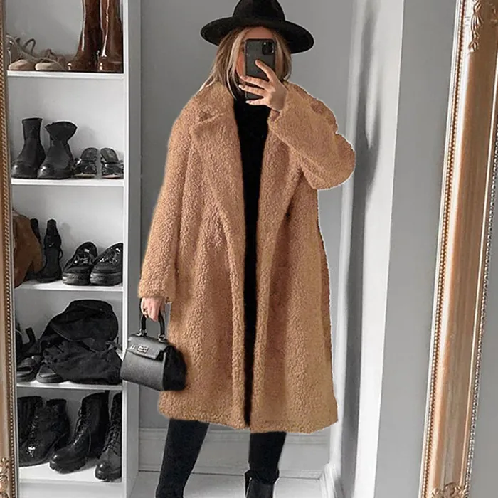 Women Casual Long Teddy Bear Faux Fur Coat Thick Warm Winter Notched Lapel Oversized Fleece Jacket Outerwear