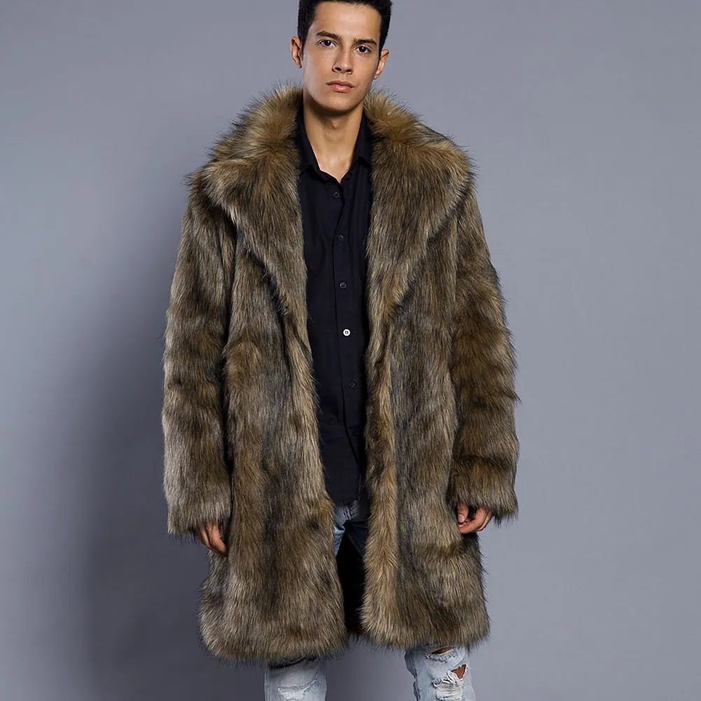 Herren Mode Fuchs-Kunstpelz Mantel Winter Langer Graben-Mantel Pelz-Übermantel Dicke Warme Oberbekleidung Reverskragen Lässige Jacke