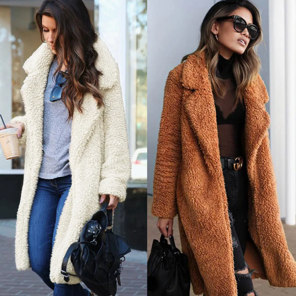 Women Winter Faux Fur Teddy Coat Lapel Long Sleeve Warm Overcoat With Pockets Casual Elegant Sherpa Jacket For Ladies Autumn