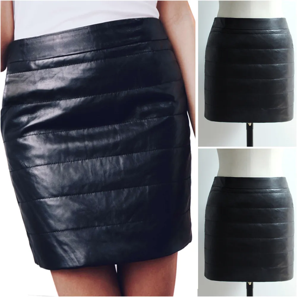 Mini Jupe en Cuir PU Mode Femme Matelassée Horizontale Taille Haute Coupe Slim Jupe Courte Rembourrée Noire pour Automne Hiver