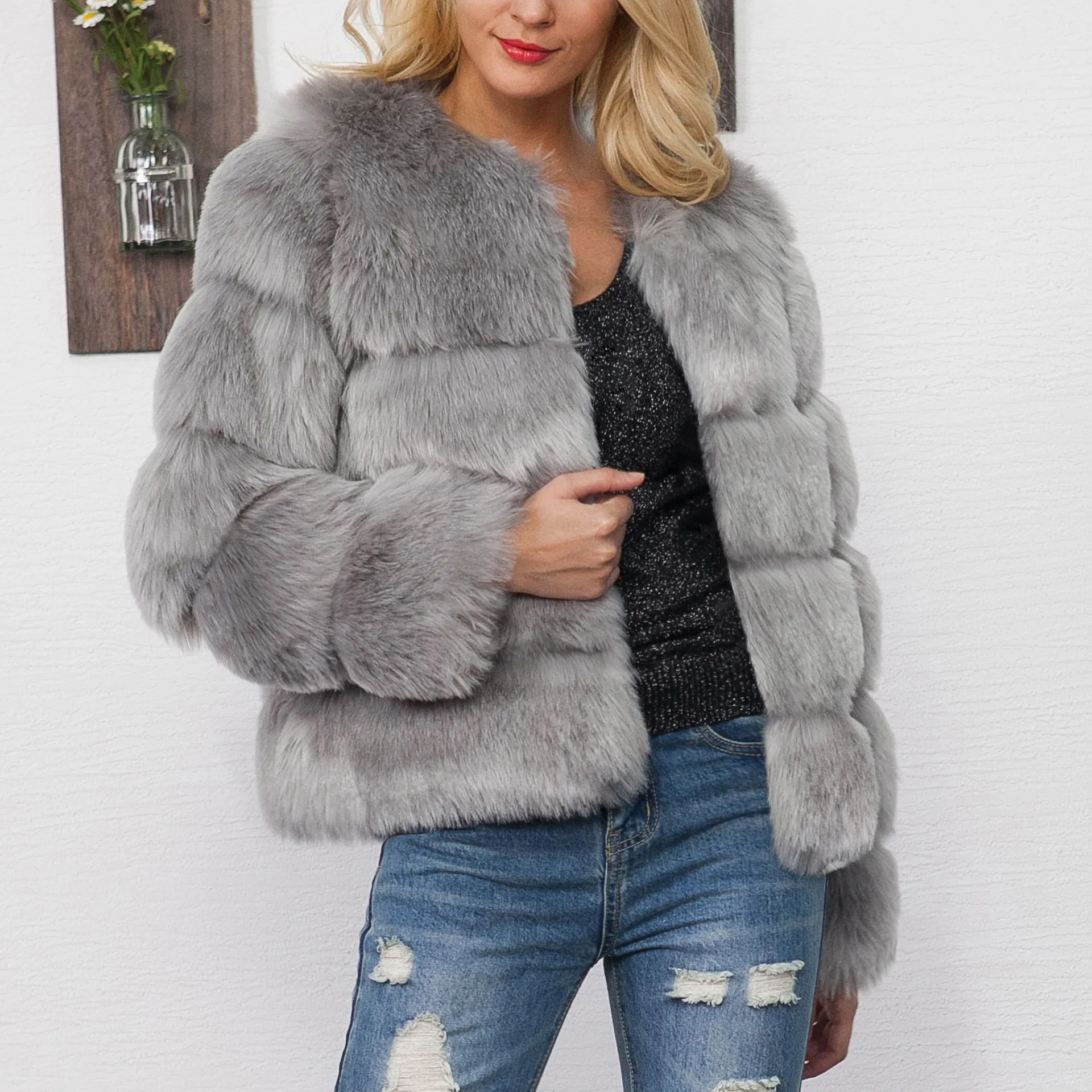 Women's Fashion Faux Fur Jacket Horizontal Paneled Round Neck Long Sleeve Short Coat Autumn Winter Warm Outerwear