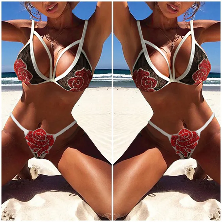 Sexy Women Bikini Top And Bottom Contrast Color Rose Embroidery Lace Lingerie Set Halter Strappy Swimwear For Beach Vacation