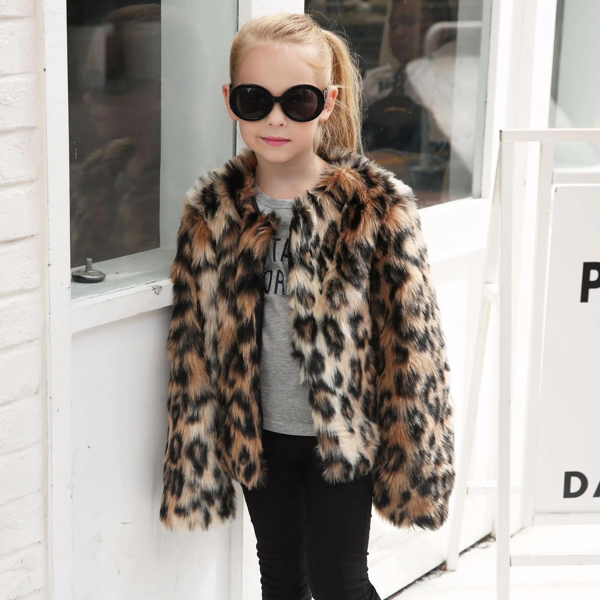 Abrigo de Piel Sintética con Estampado de Leopardo para Niñas Chaqueta Cálida de Invierno de Manga Larga Otoño