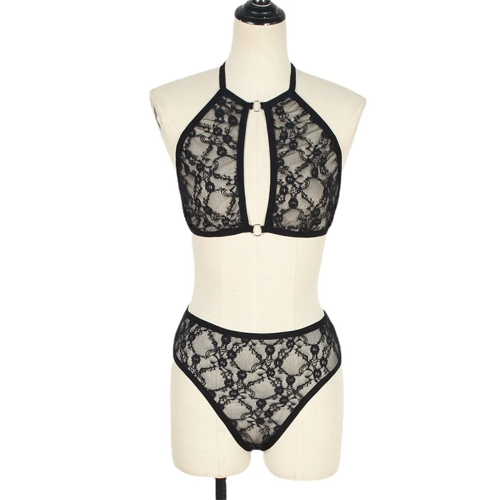 Women's Sexy Black Lace Lingerie Top And Bottom Halter Cut Out Bra And High Waist Panty Underwear For Honeymoon Nightwear