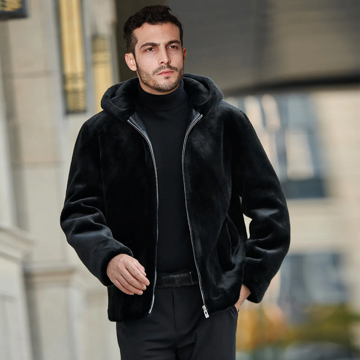 Men Faux Fur Hooded Jacket Winter Thick Warm Coat Solid Color Zipper Front Casual Streetwear Outwear For Men Plus Size