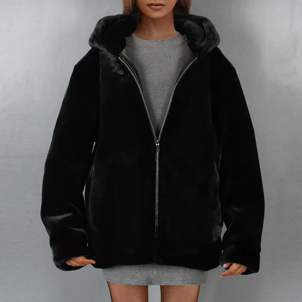 Women Fashion Faux Fur Hooded Jacket Autumn Winter Casual Loose Mid-length Plush Coat With Zipper Solid Black Warm Outerwear