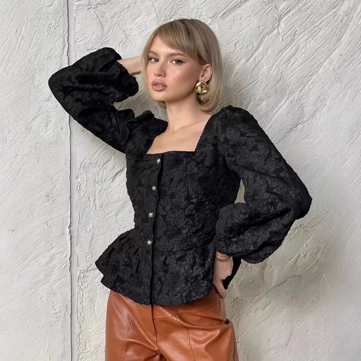 Women French Jacquard Square Neck Puff Sleeve Blouse Elegant Peplum Hem Long Sleeve Solid Color Button Up Shirt Top