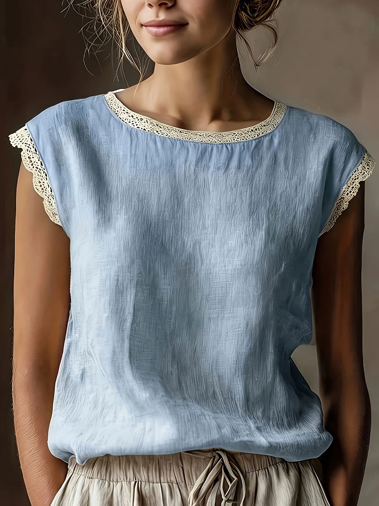 Women Sleeveless Blouse Lace Patchwork Round Neck Solid Color Polyester Top Vintage Relaxed Casual Summer Daily Apparel