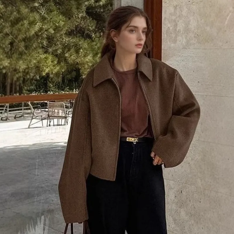 Women Retro Solid Color Lapel Short Jacket Zip Up Drop Shoulder Woolen Feel Long Sleeve Outerwear Casual Loose Top